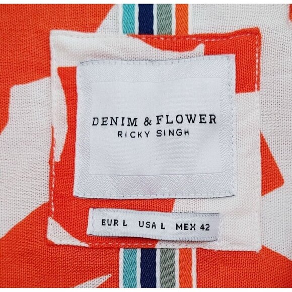 Denim & Flower Ricky Singh Hawaiian Shirt Large Mens Orange  Palm Leaves Floral - Picture 2 of 3